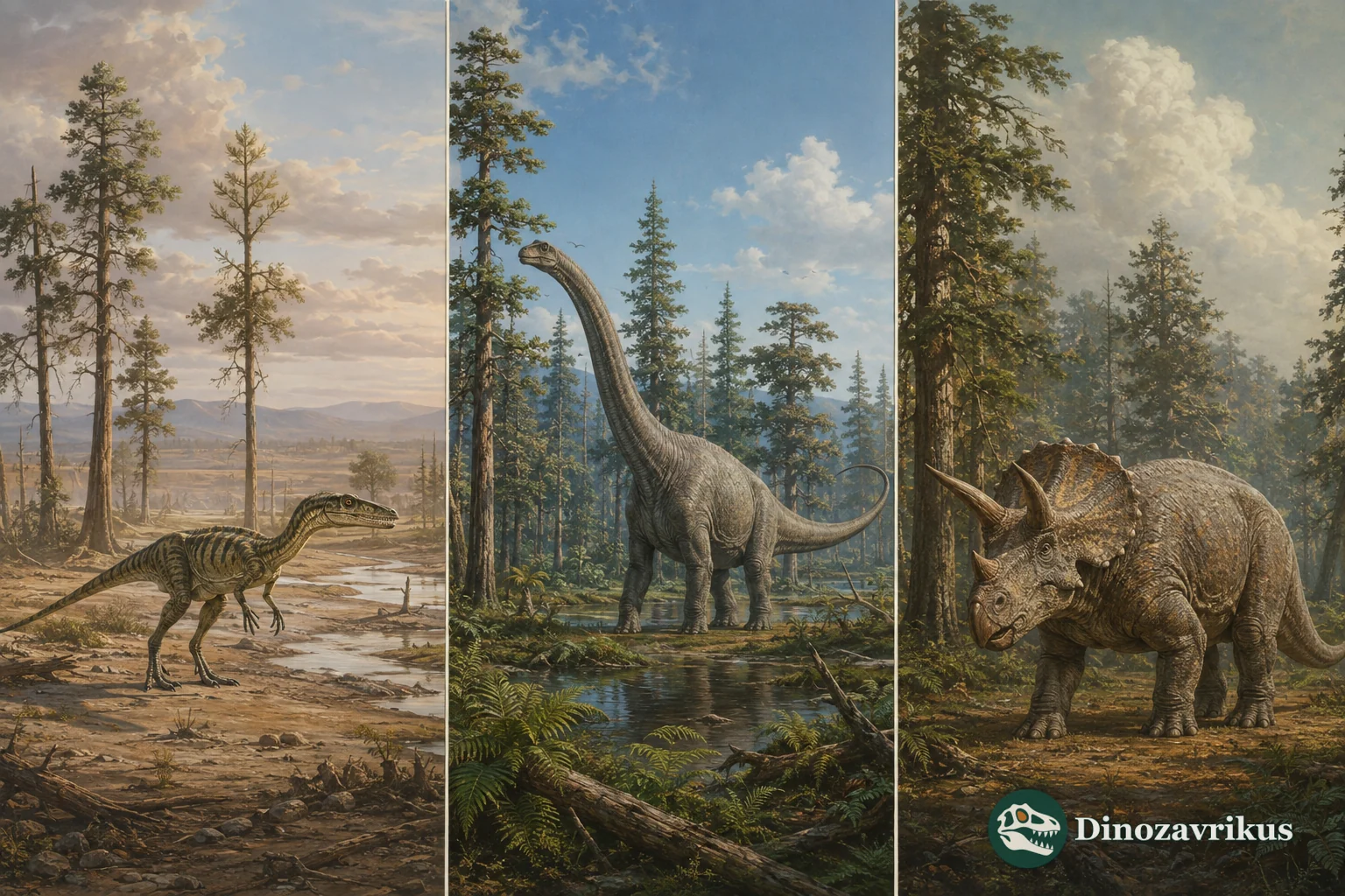Three artistic scenes representing Triassic, Jurassic and Cretaceous stages of dinosaur history