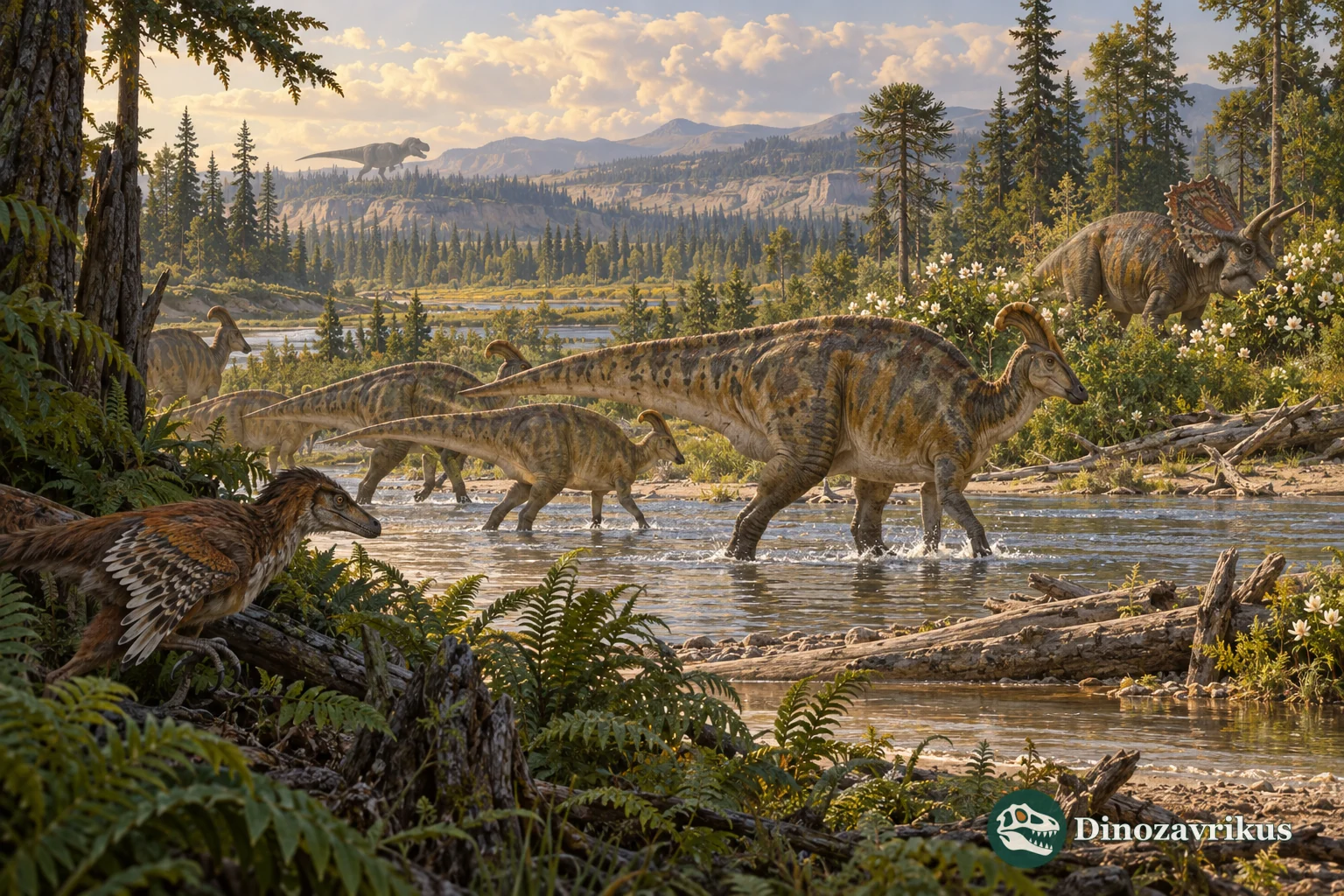 Hadrosaurs, a ceratopsian and a small feathered theropod on a Late Cretaceous river plain