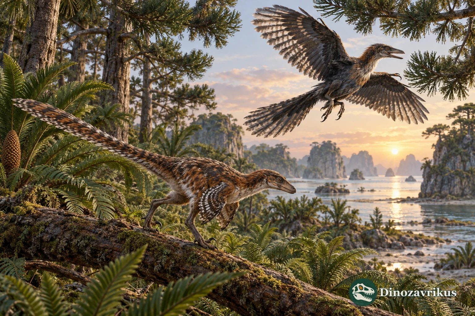 A feathered maniraptoran and an early avialan beside a Late Jurassic lagoon