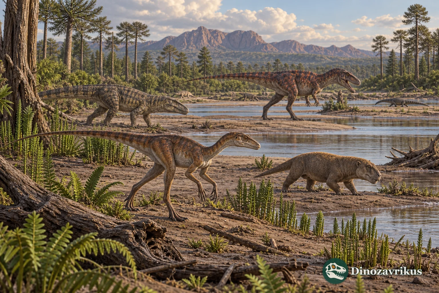 Small early dinosaurs among other Late Triassic vertebrates on a river plain