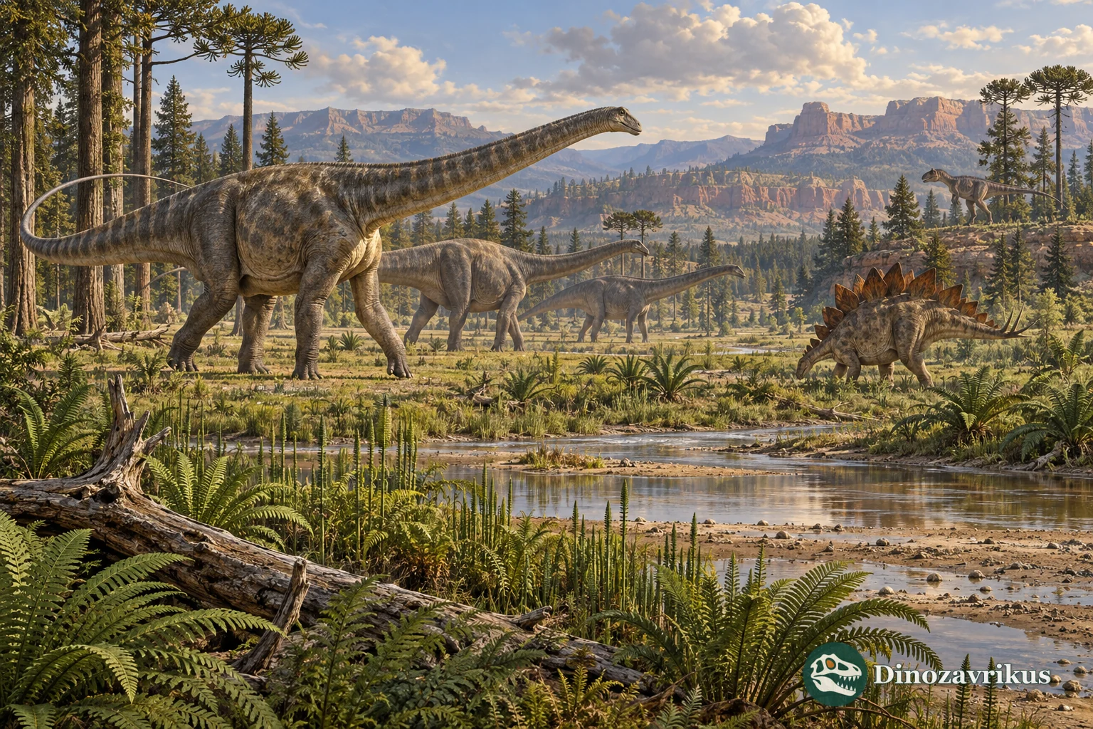 Sauropods, a stegosaur and a distant predatory theropod in a Late Jurassic river ecosystem