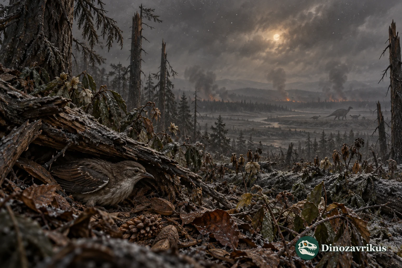 Darkened forest after the Chicxulub impact with a small ground bird sheltering among seeds