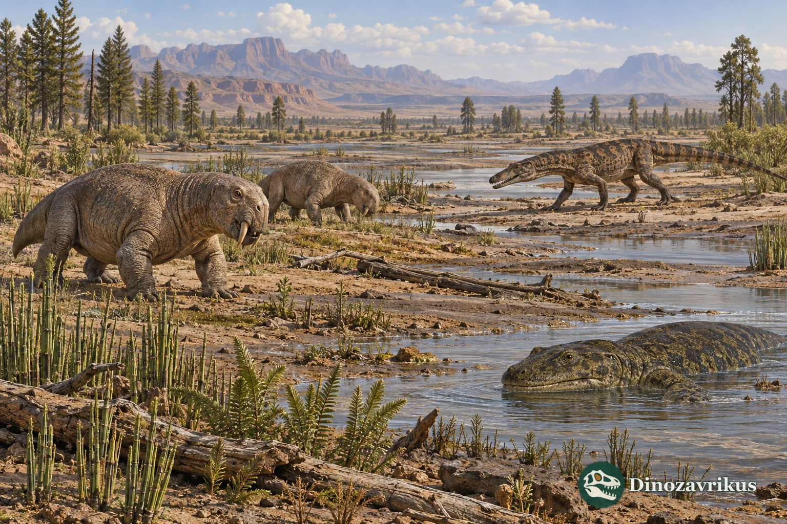 Early Triassic floodplain with dicynodonts, an archosauriform and a large temnospondyl before true dinosaurs appeared