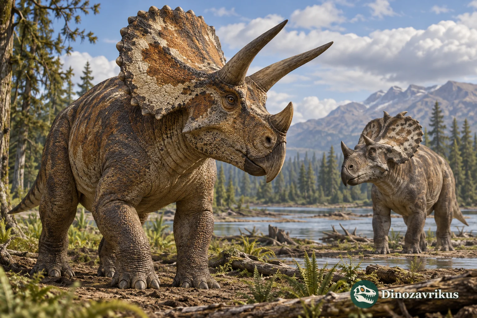 Ceratopsian dinosaurs with varied horns and a hadrosaur with a crest in a naturalistic setting