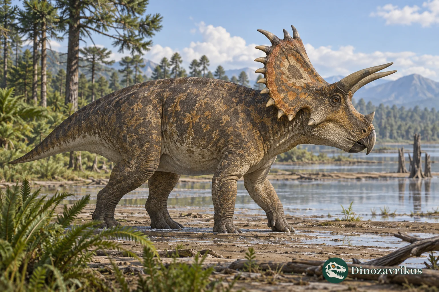 Ceratopsian dinosaur showing its nasal horn, brow horns and broad neck frill