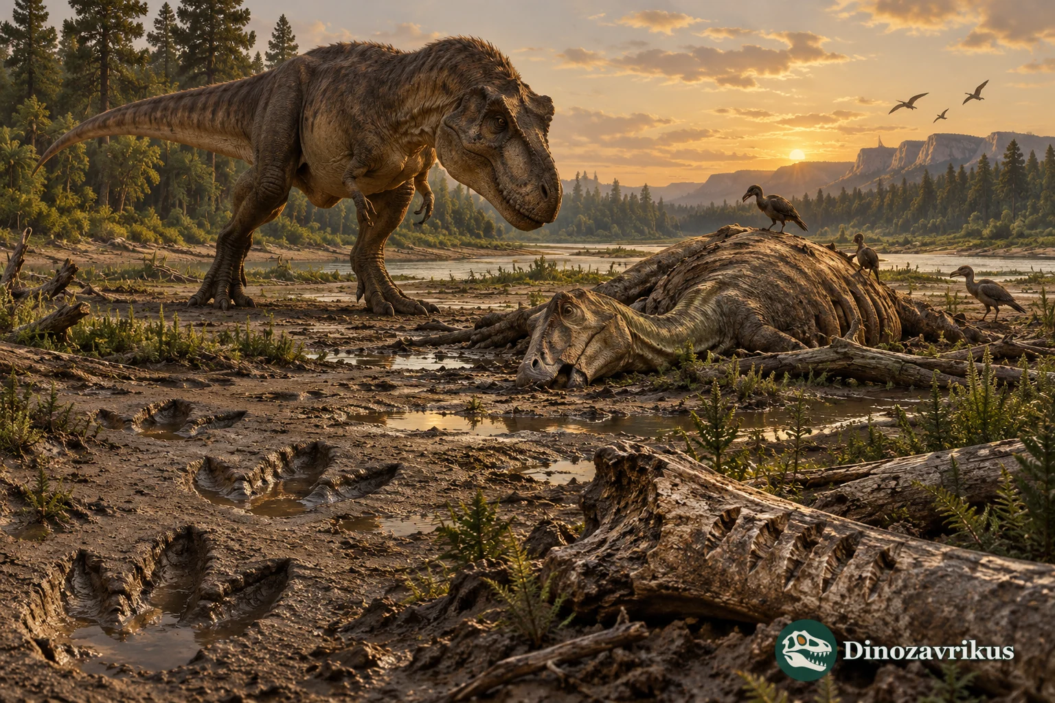 A Tyrannosaurus investigating a hadrosaur carcass on a Late Cretaceous floodplain