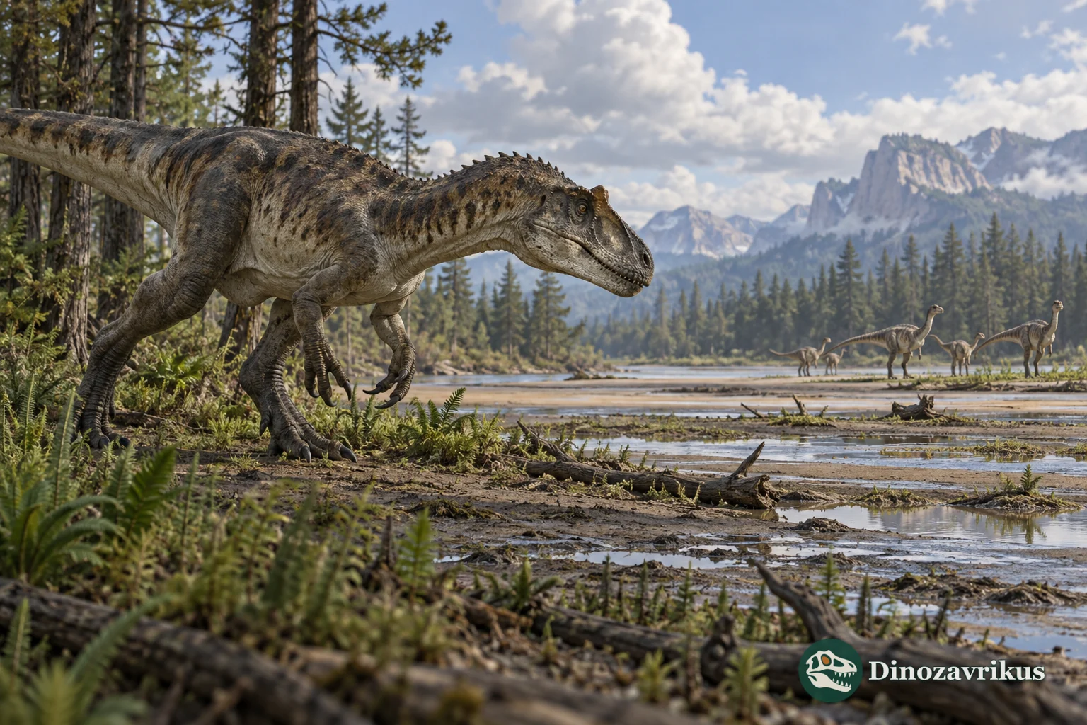 A theropod watches a group of herbivorous dinosaurs across an open floodplain