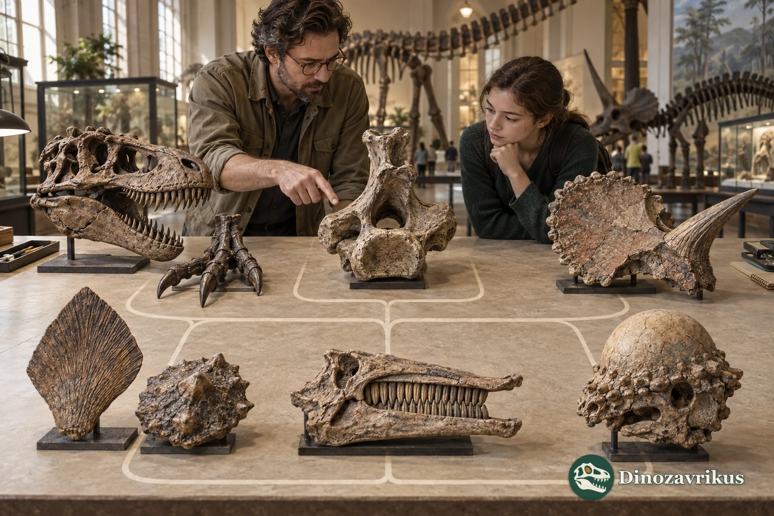 A palaeontologist and museum visitor compare fossil skulls, a foot, a vertebra and armour at an identification table