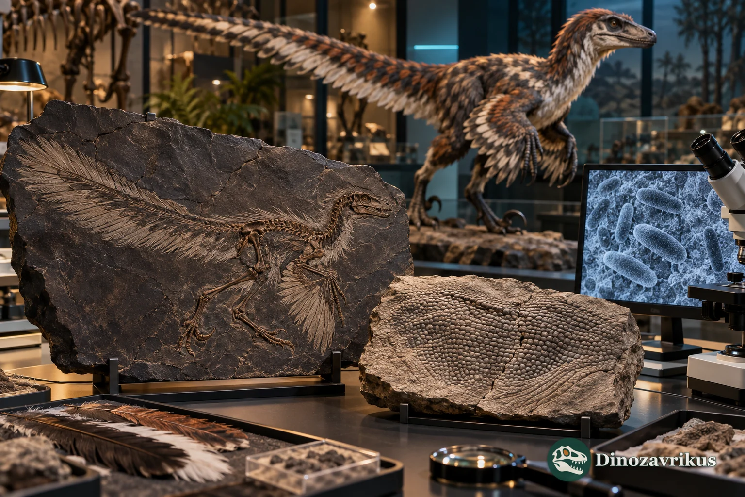 A fossil feather and scaled skin impression being examined beside a restrained dinosaur reconstruction