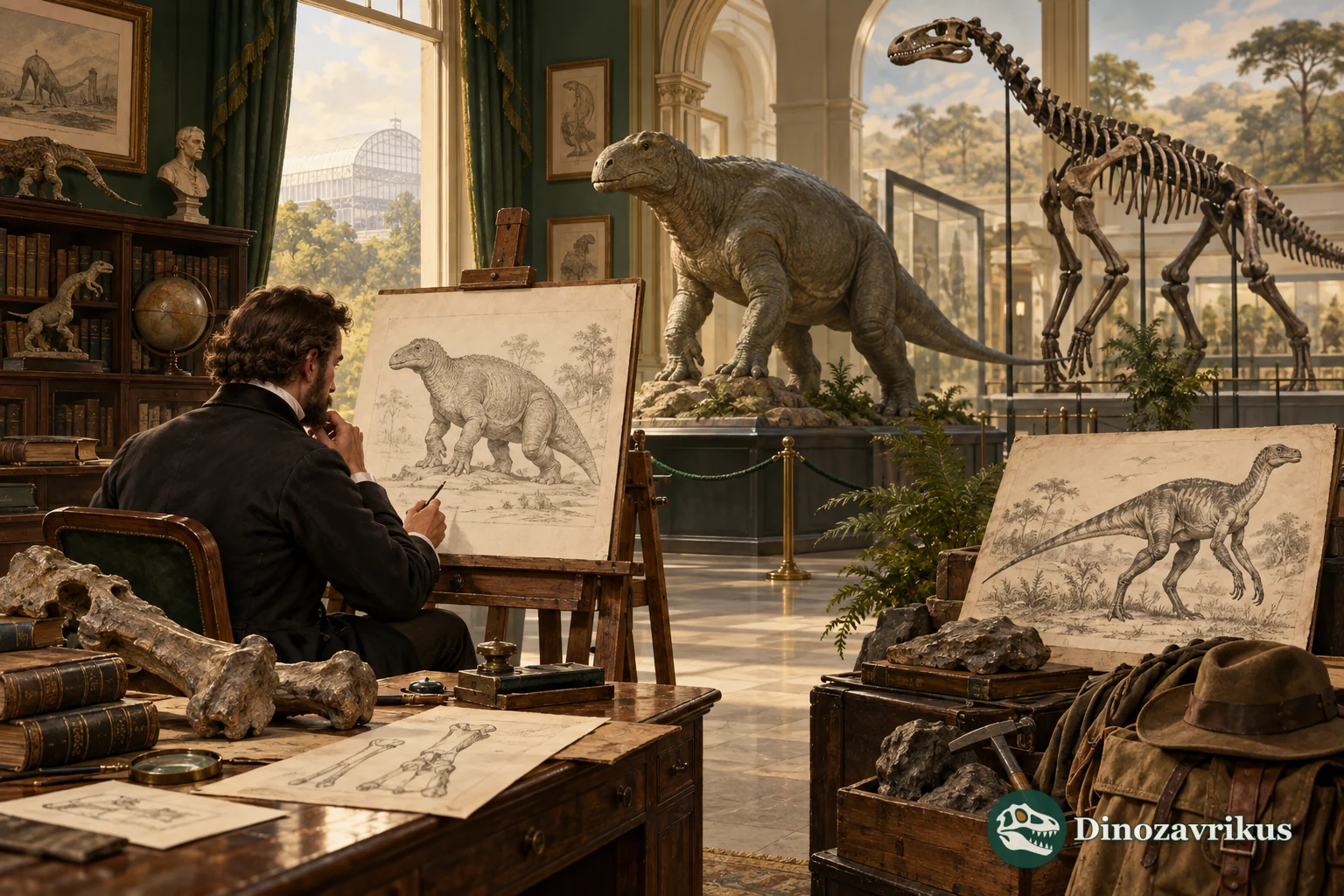 A historical palaeontologist studying dinosaur reconstructions in a Victorian-style museum