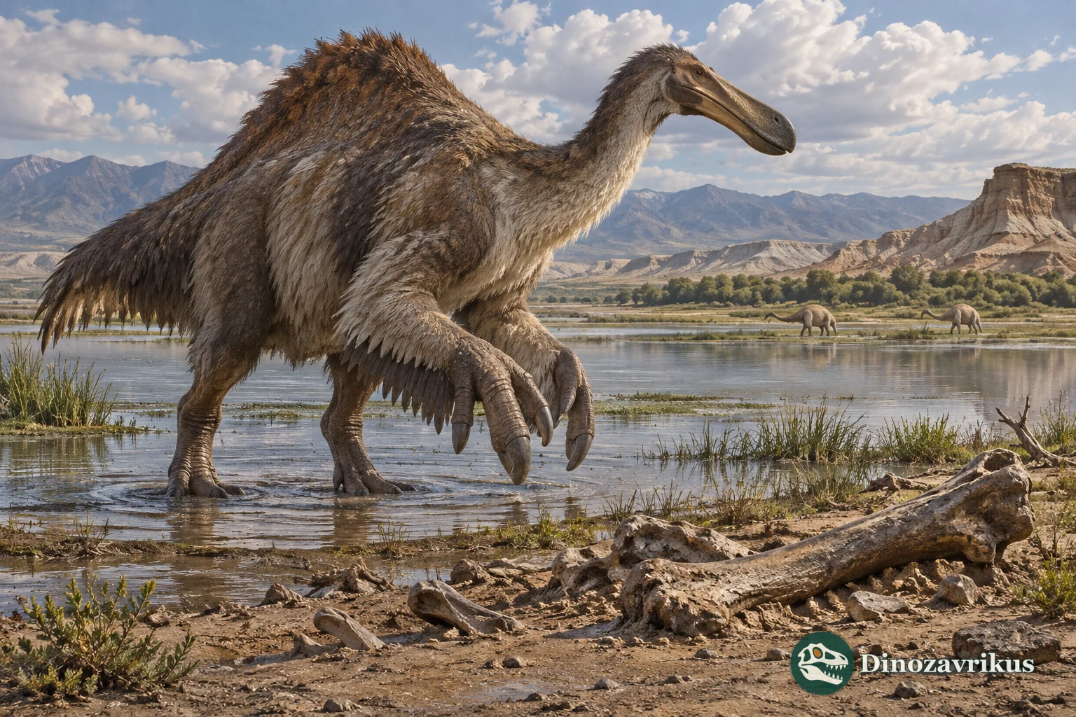 Deinocheirus beside a shallow Late Cretaceous lake, with fossil bones exposed in the foreground