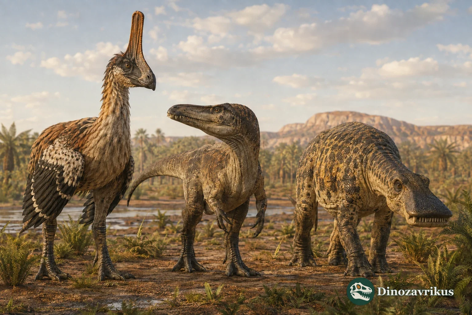 A colourful group of dinosaurs with striking crests, beaks and unusual body shapes