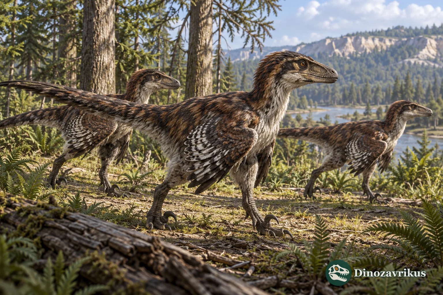 Feathered dromaeosaurs moving together through a Cretaceous woodland