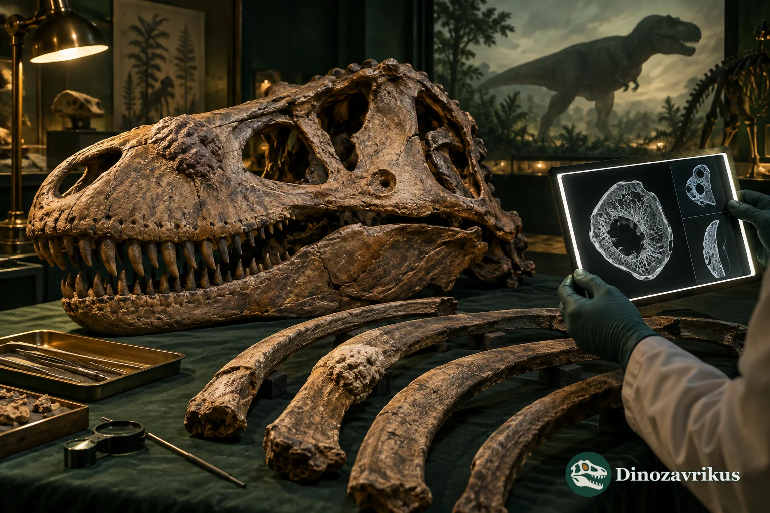 Fossil dinosaur bones with healed lesions beside CT images in a museum laboratory