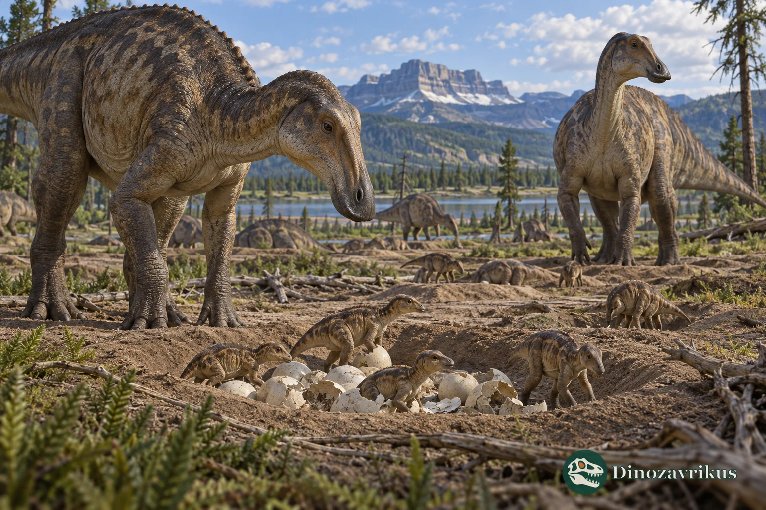 Maiasaura adults and hatchlings among nests in a Late Cretaceous landscape
