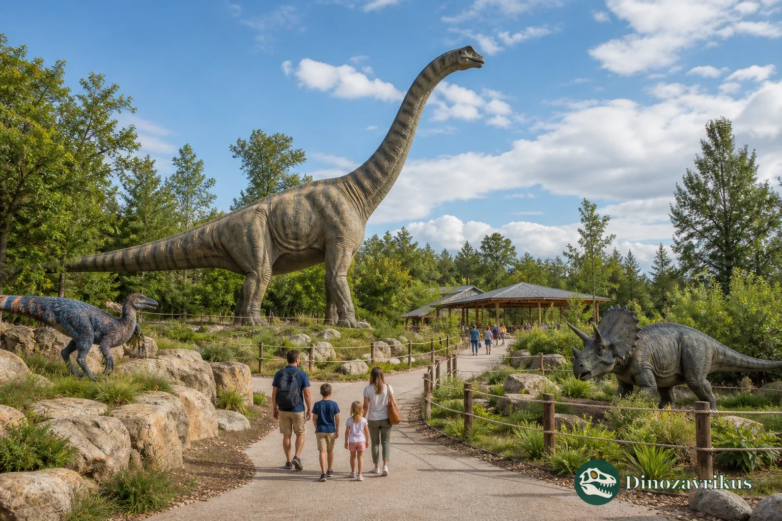 Families walking among life-size dinosaur reconstructions on a wooded park trail