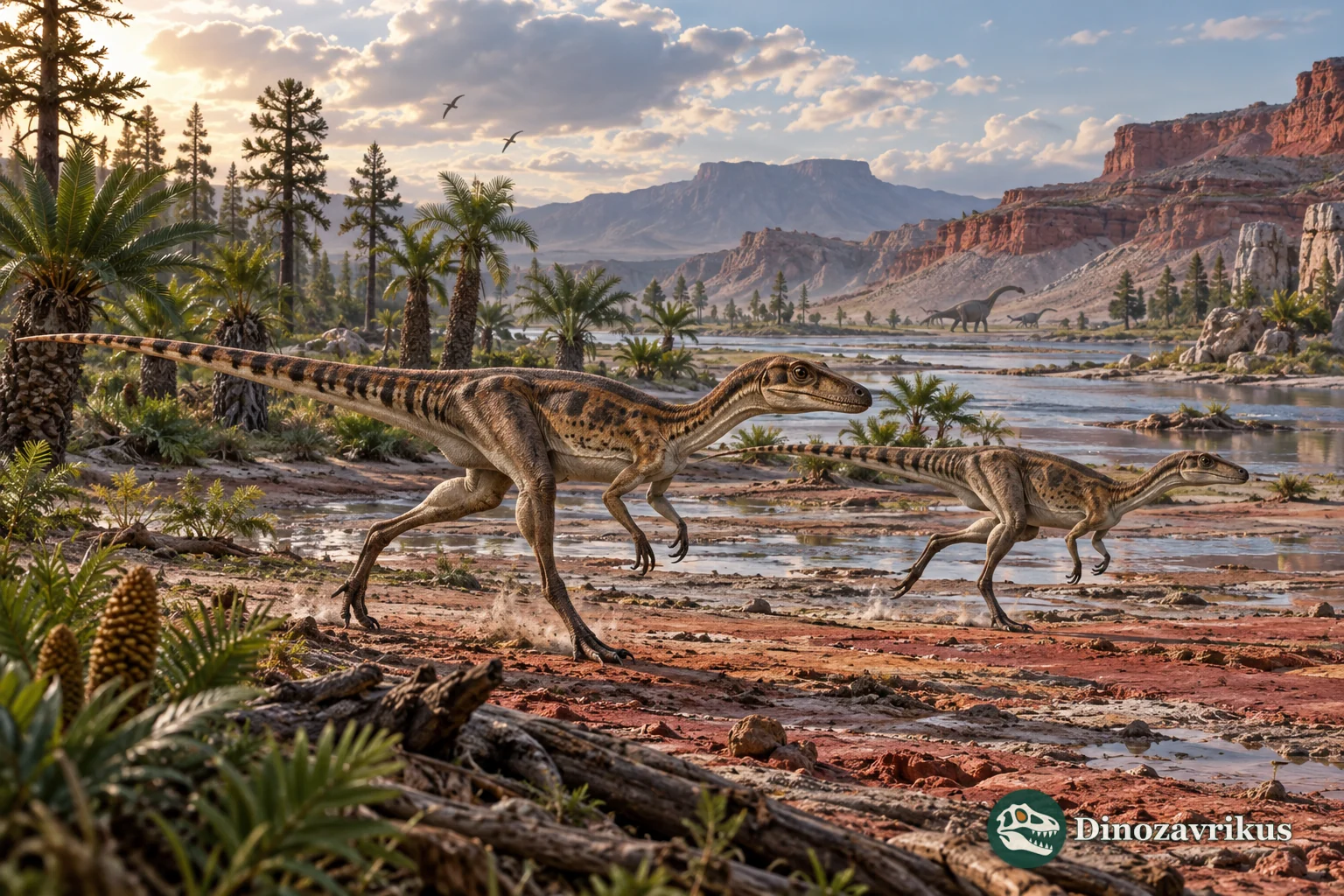 Small Triassic archosaur precursors moving across a floodplain before the first dinosaurs