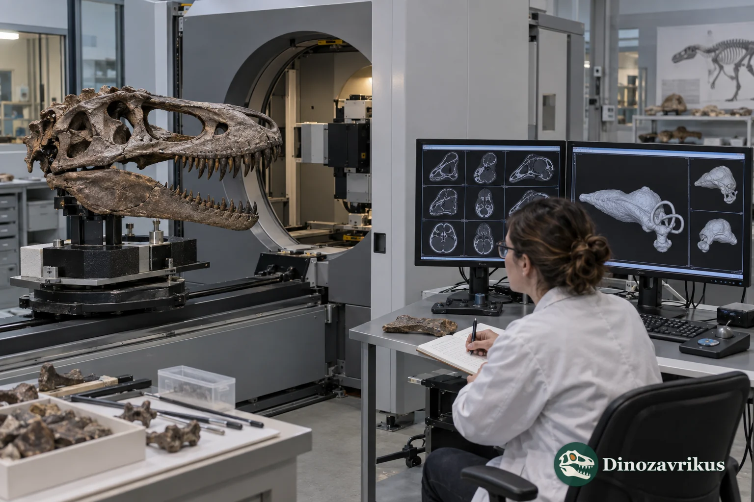 A fossil theropod skull undergoing CT scanning beside digital models of its internal cavities