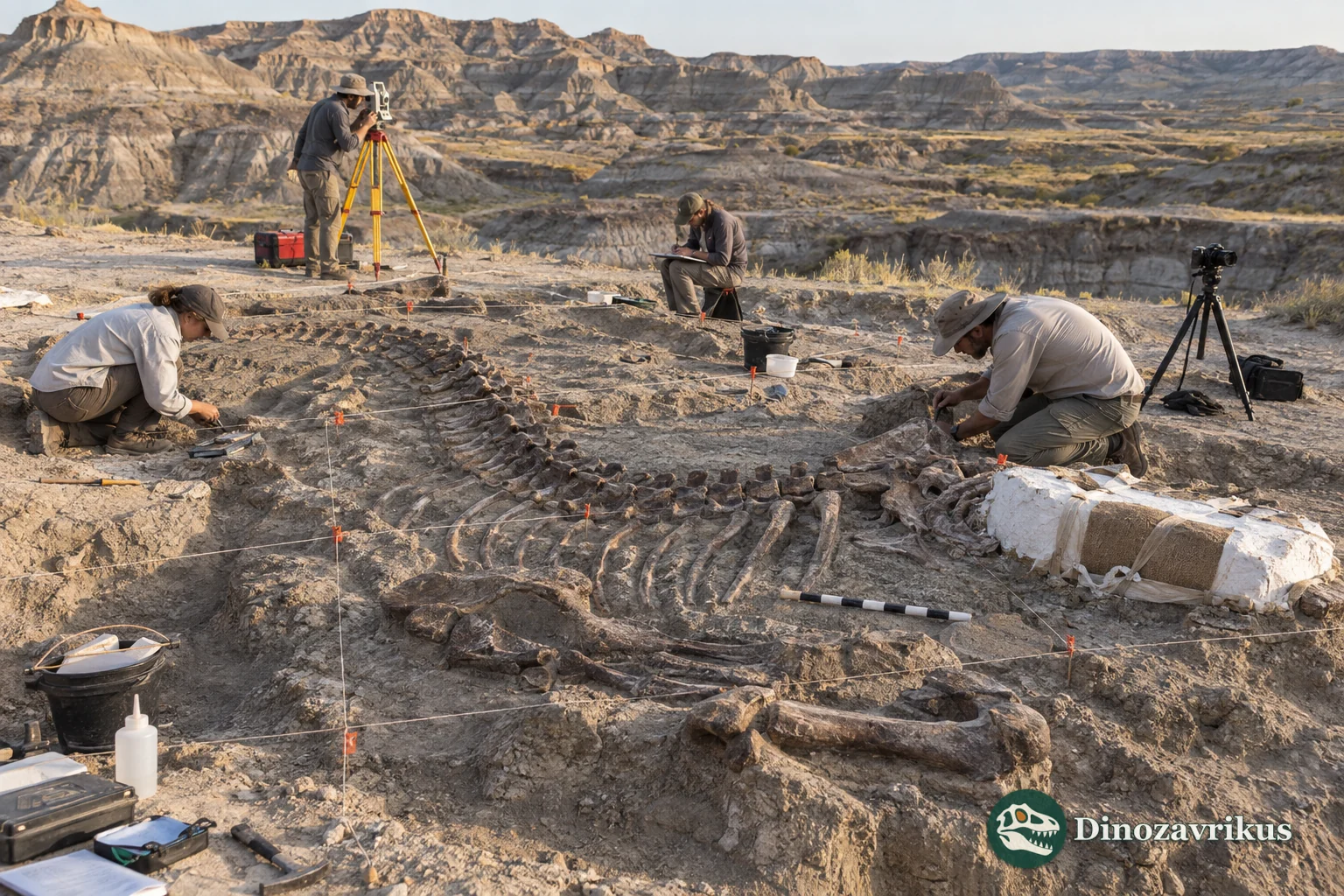 A dinosaur excavation documented with a grid, scale bars, coordinates and photography