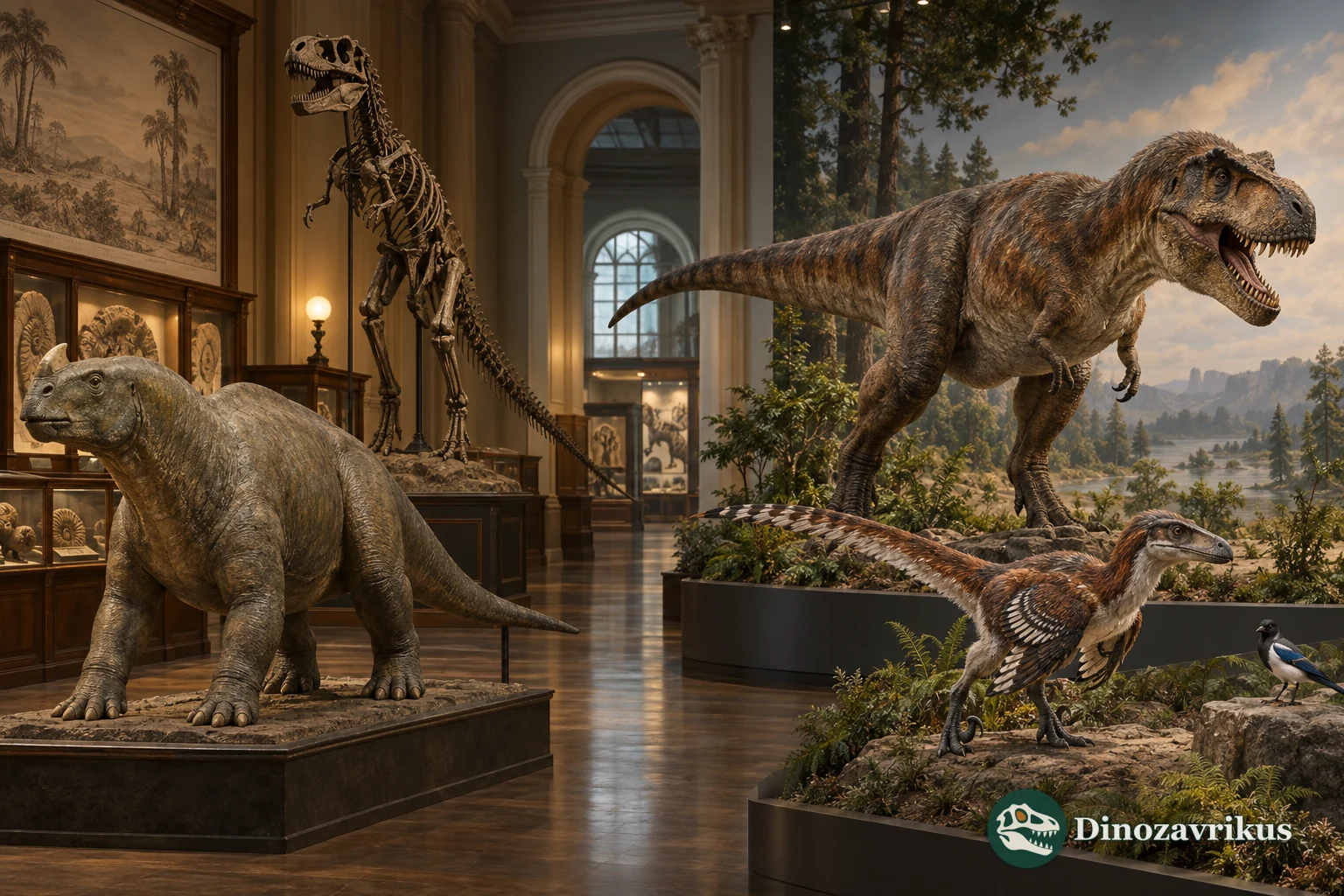 Early and modern dinosaur reconstructions in a museum history gallery