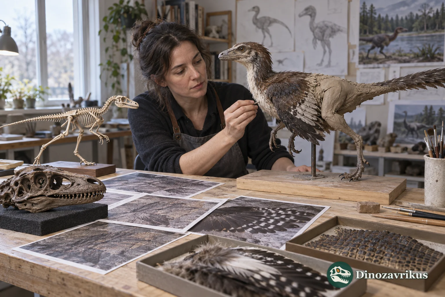 A palaeoartist building a feathered theropod model from skeletal and comparative evidence
