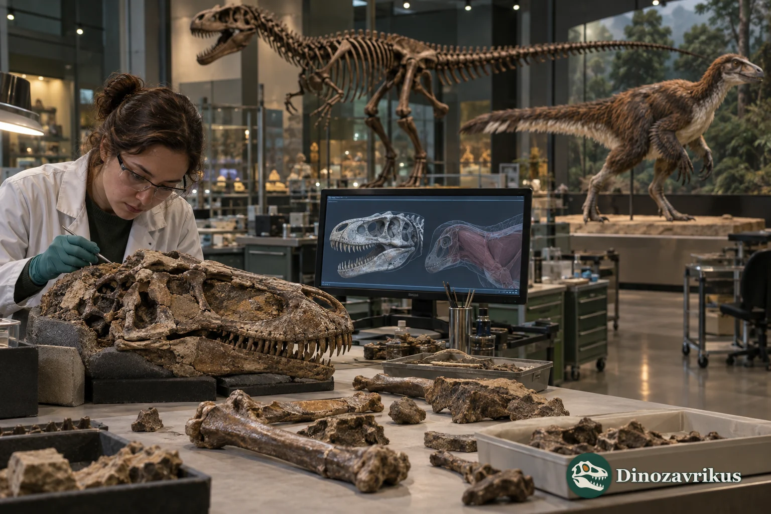 A palaeontologist preparing a theropod skull beside digital and anatomical reconstructions