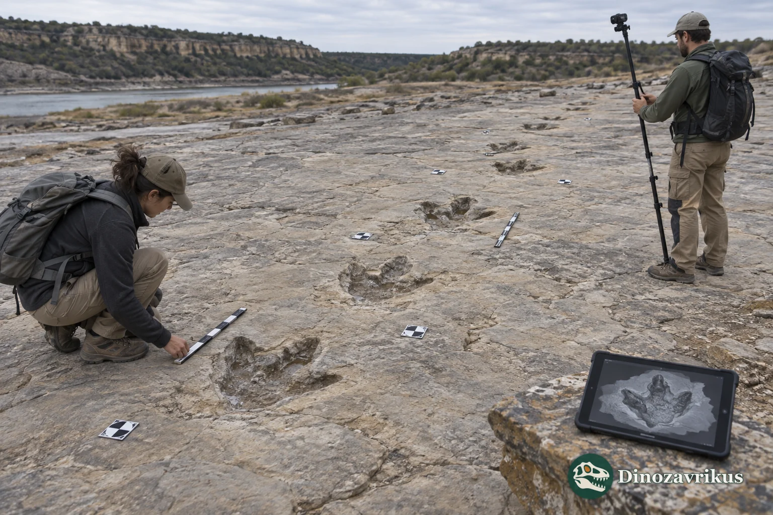 Researchers measuring a dinosaur trackway and recording it by photogrammetry
