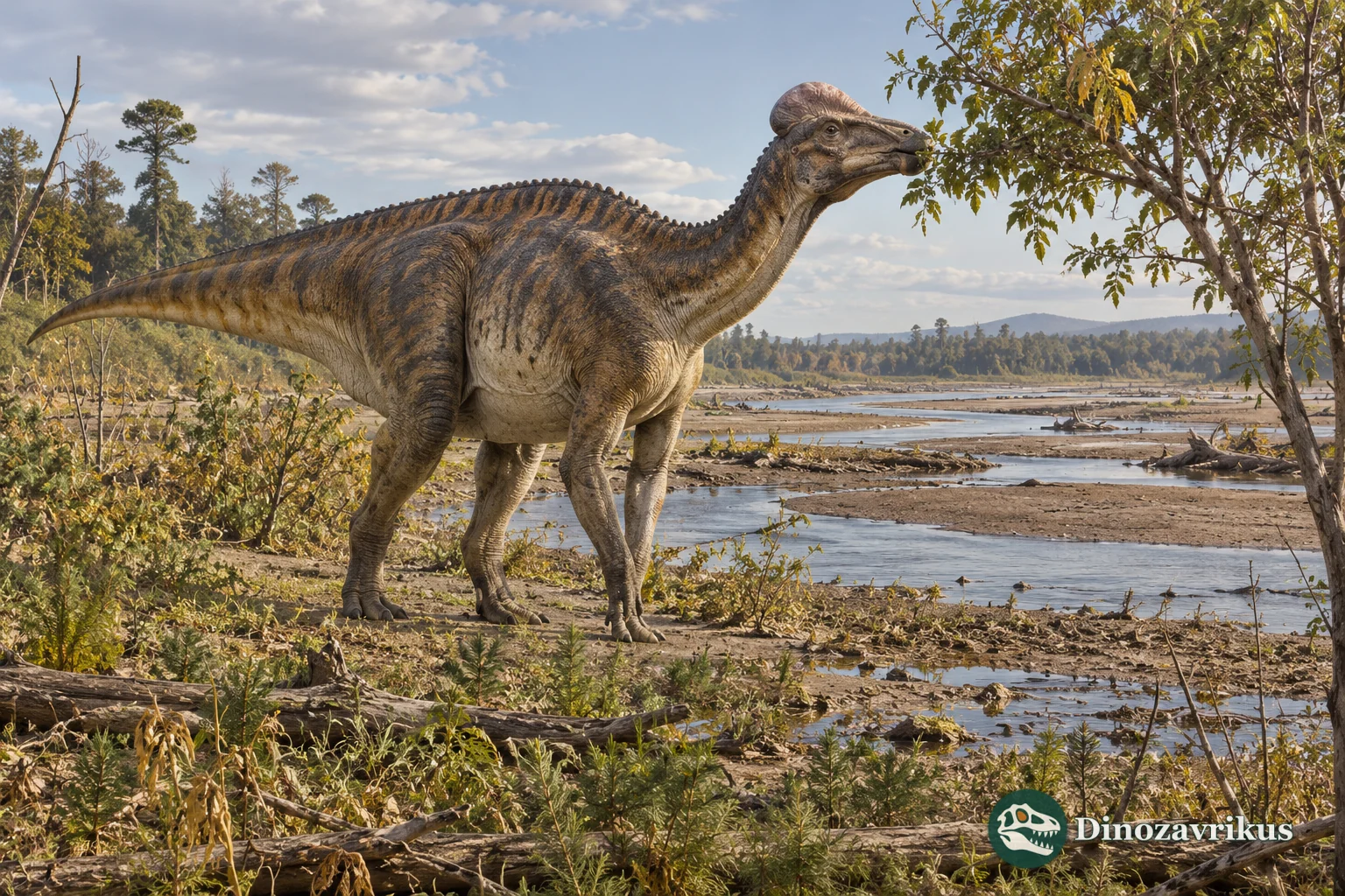Herbivorous dinosaurs browse beside a shrinking seasonal water source