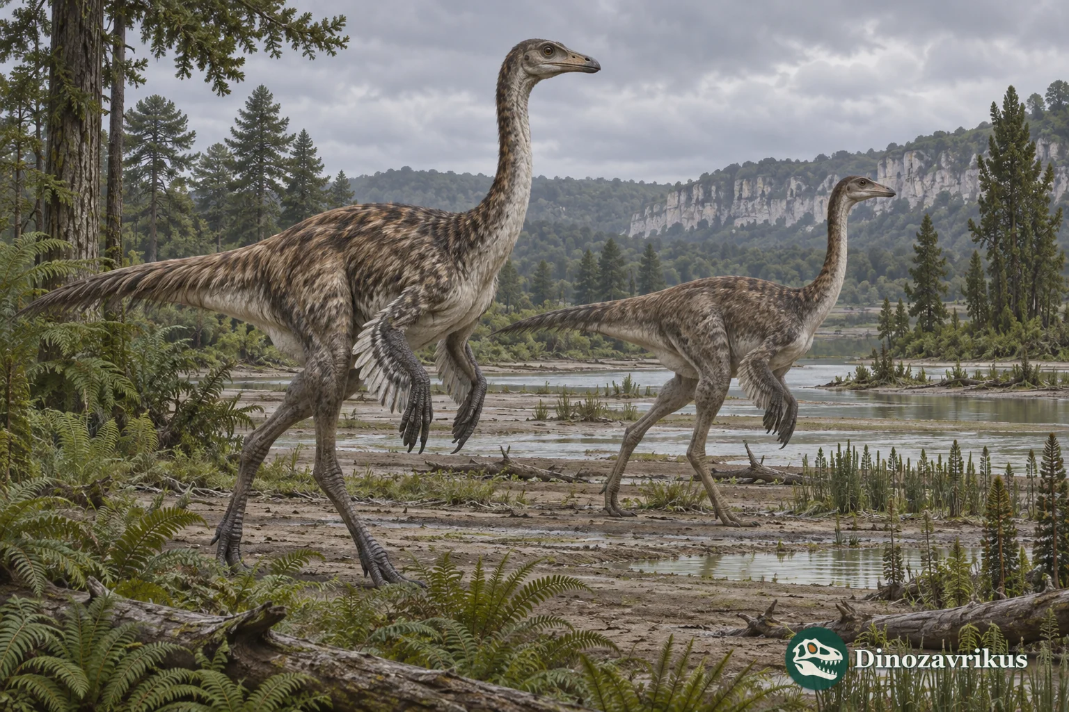 Two ornithomimosaurs with subtly different builds on a Late Cretaceous floodplain