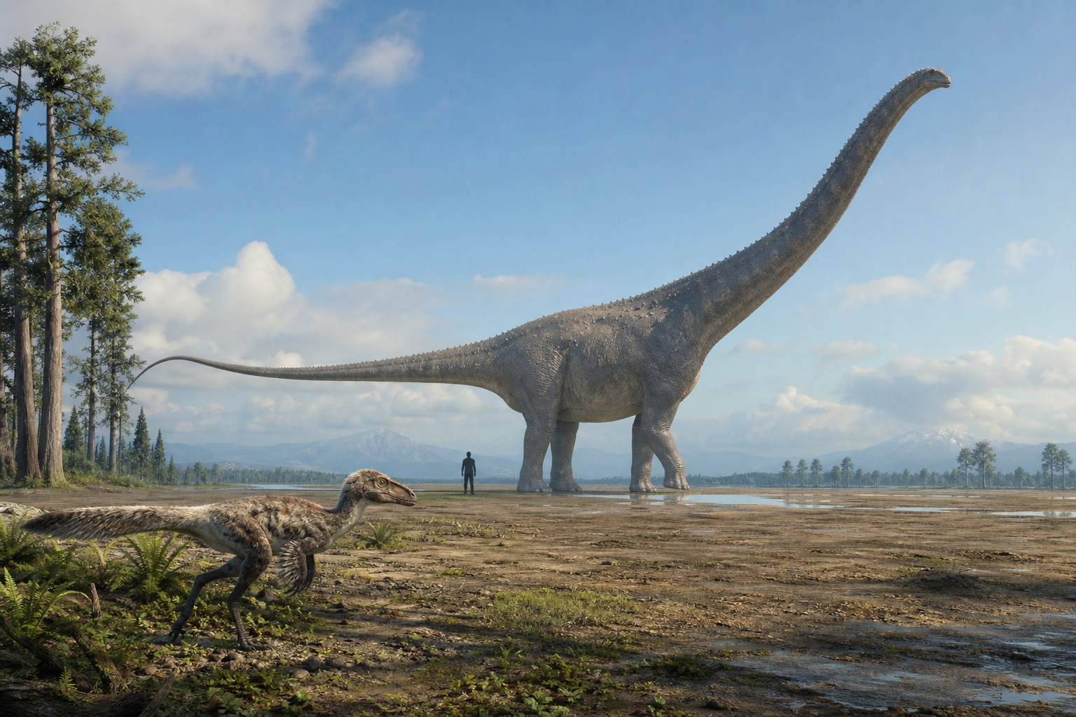 A small feathered dinosaur, a person and a giant sauropod shown at the same landscape scale