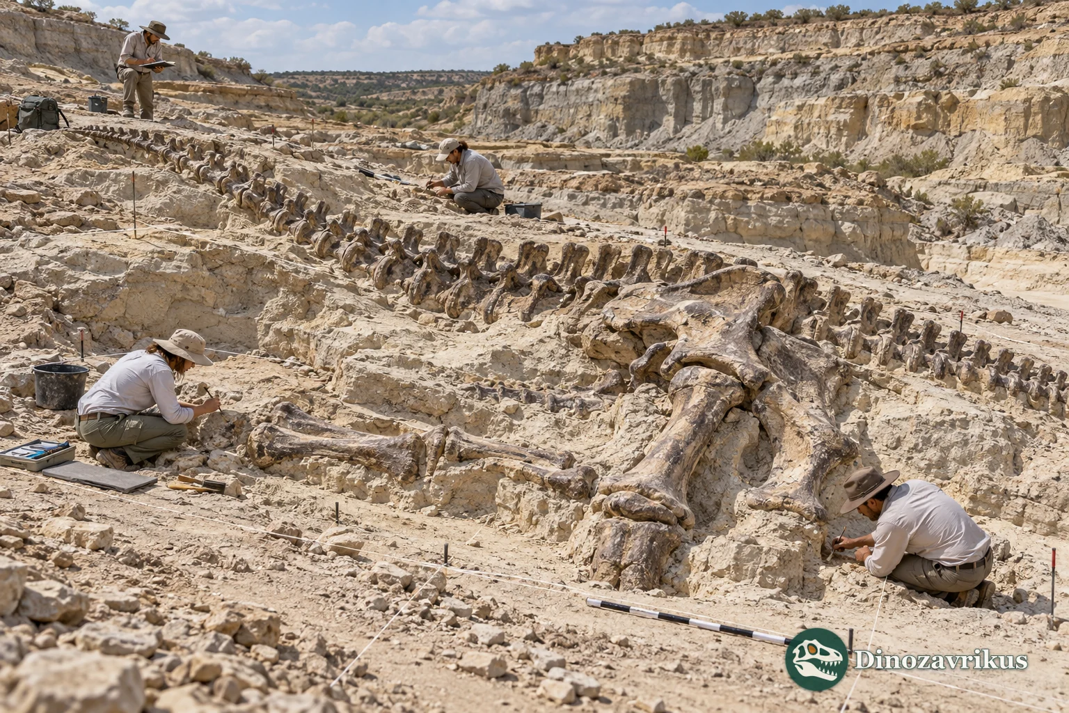 Palaeontologists documenting a partly exposed dinosaur skeleton in a sandstone quarry