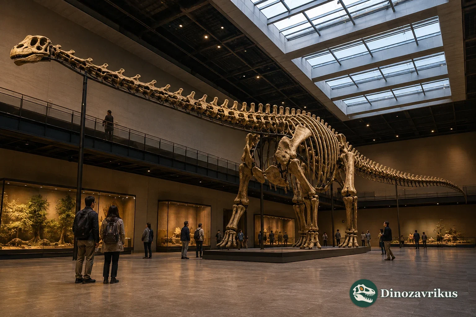A giant sauropod skeleton mounted in a natural-history museum hall