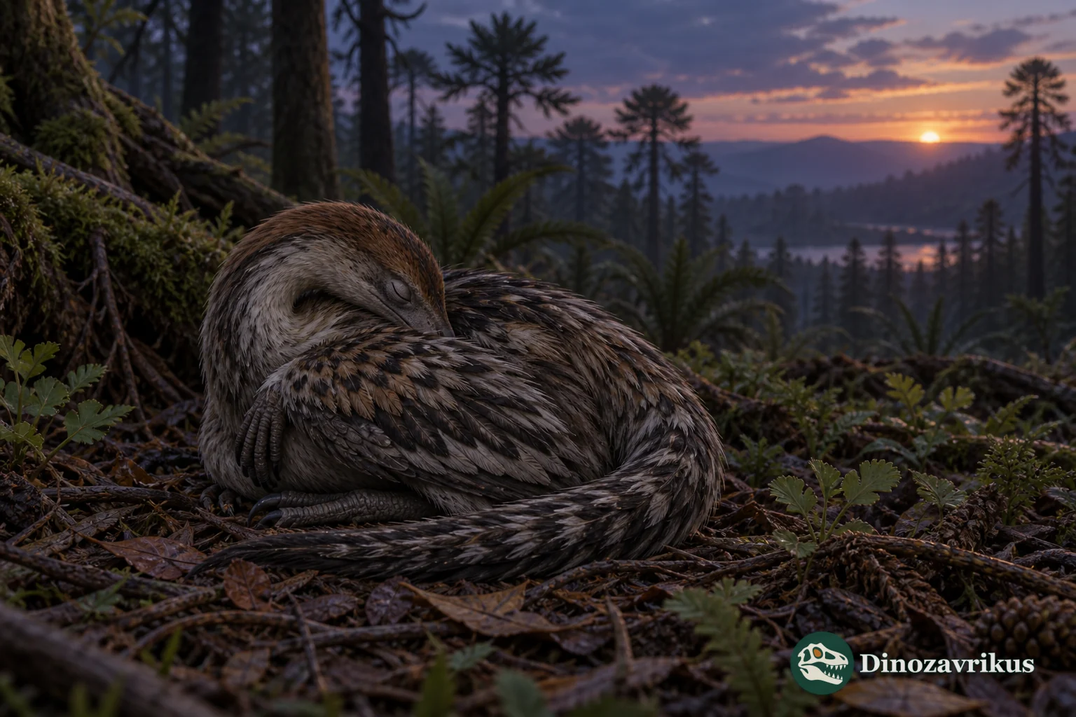 A small feathered theropod curled into a bird-like resting posture on forest litter