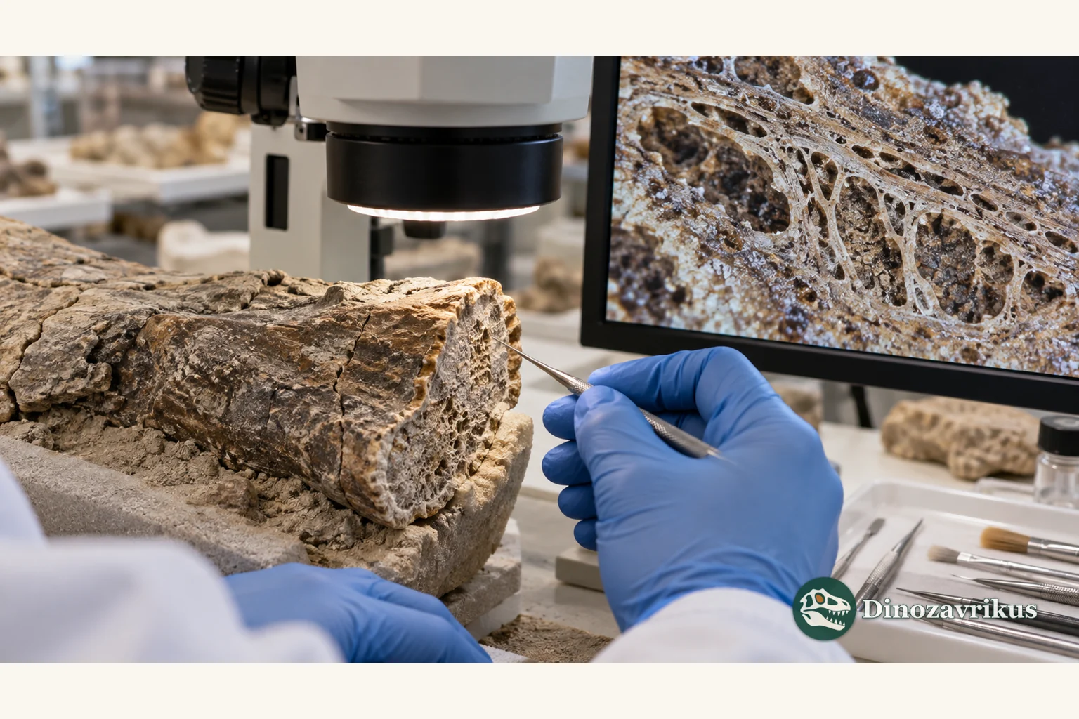 A fossil dinosaur bone being examined under a microscope in a paleontology laboratory