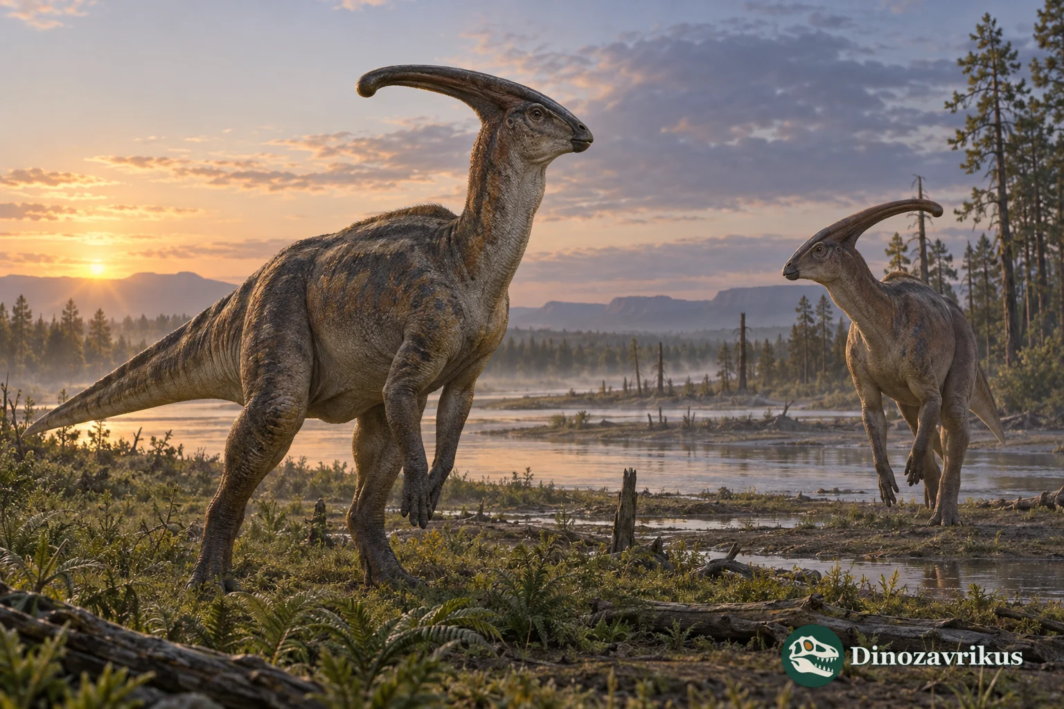Two Parasaurolophus on a Late Cretaceous floodplain at dawn