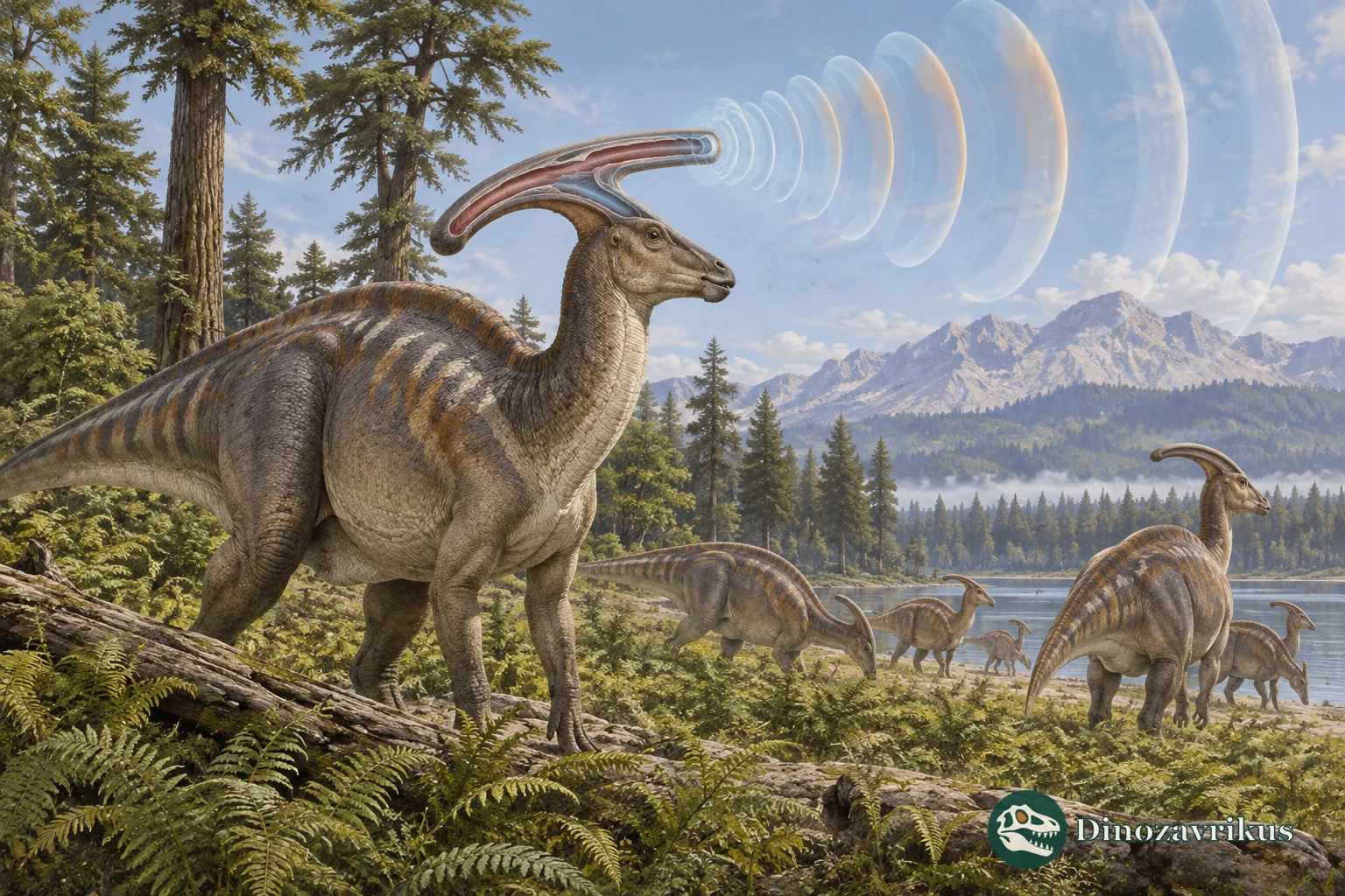 Parasaurolophus with a subtle acoustic visualization around its hollow crest