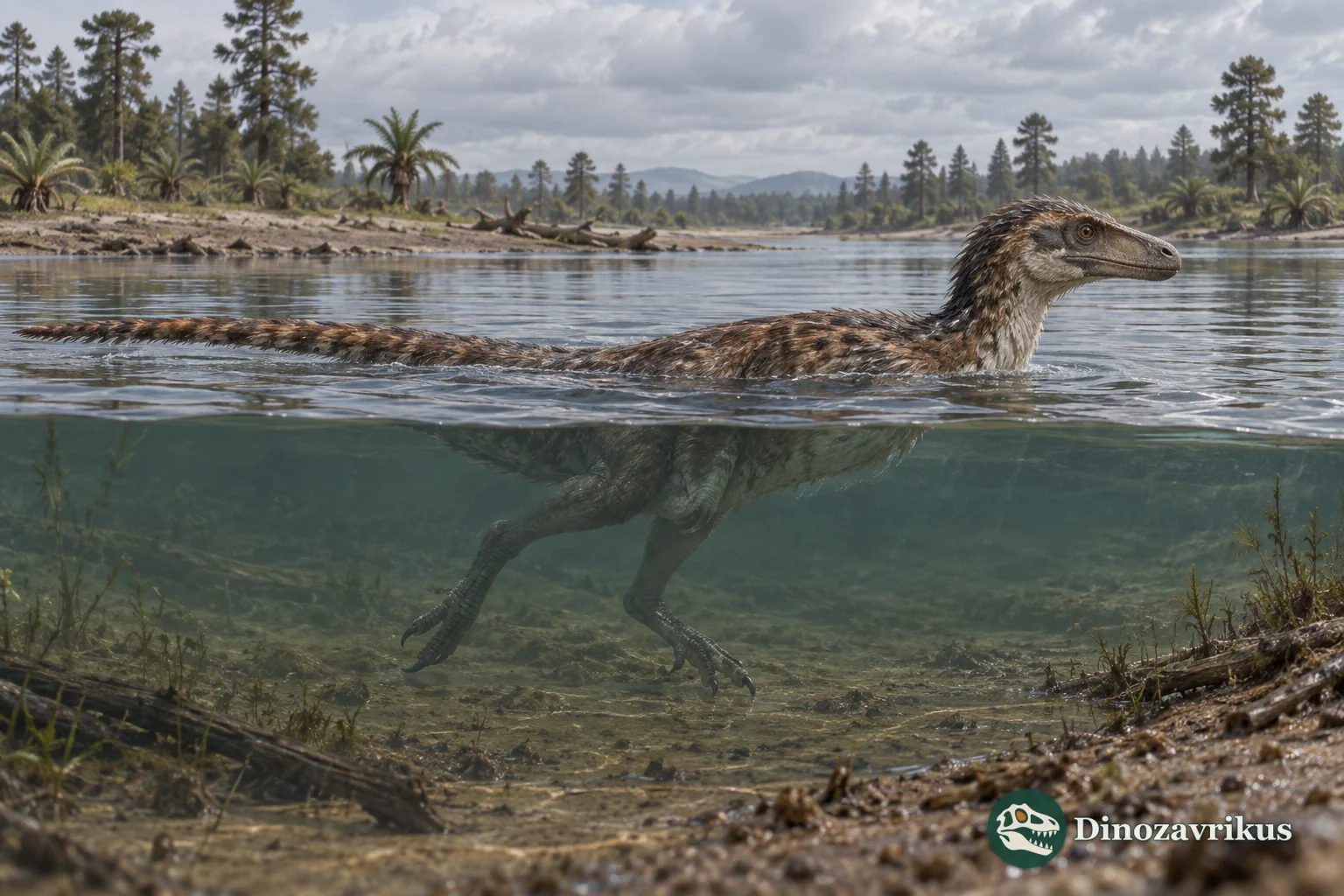 A theropod swimming across a shallow freshwater channel