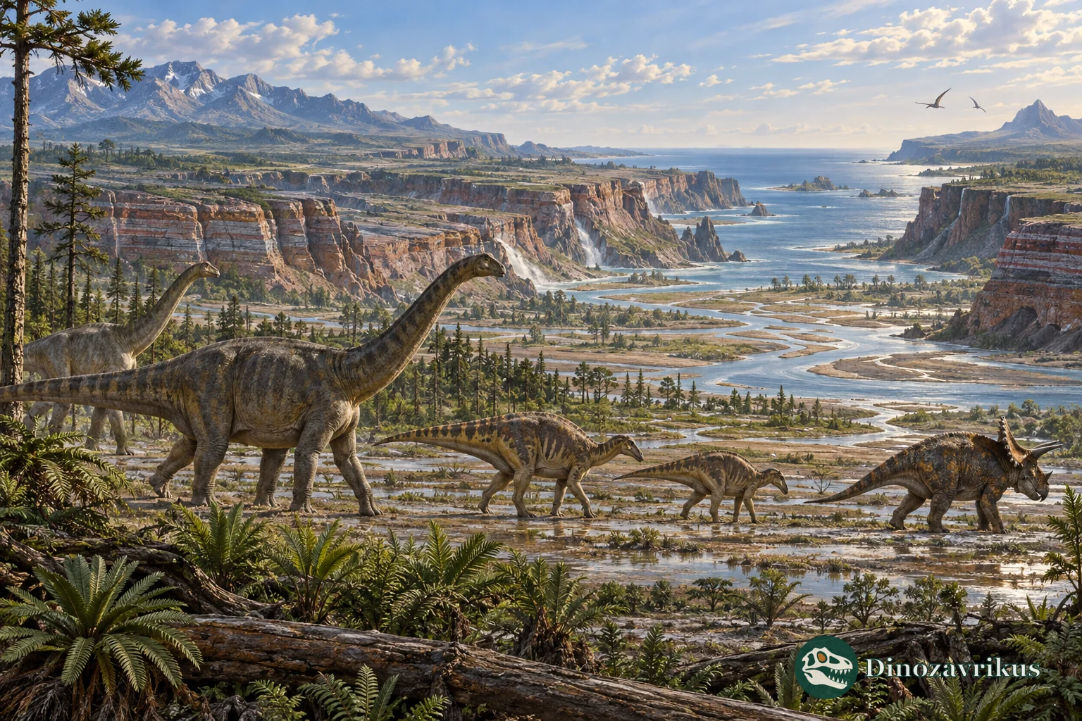 Dinosaurs crossing a broad Mesozoic rift valley as landmasses separate