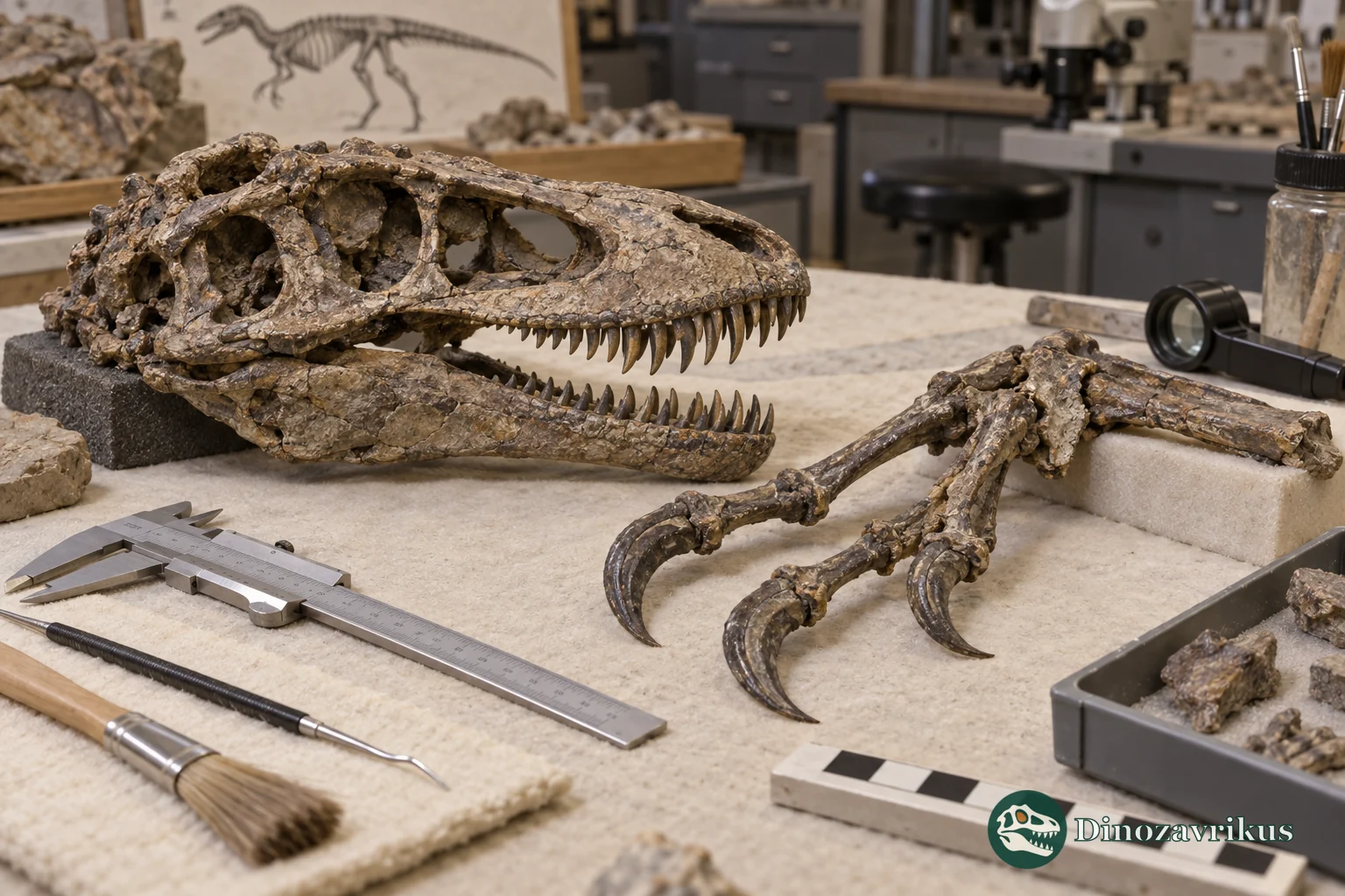 Theropod skull and claw fossils examined beside museum measuring tools
