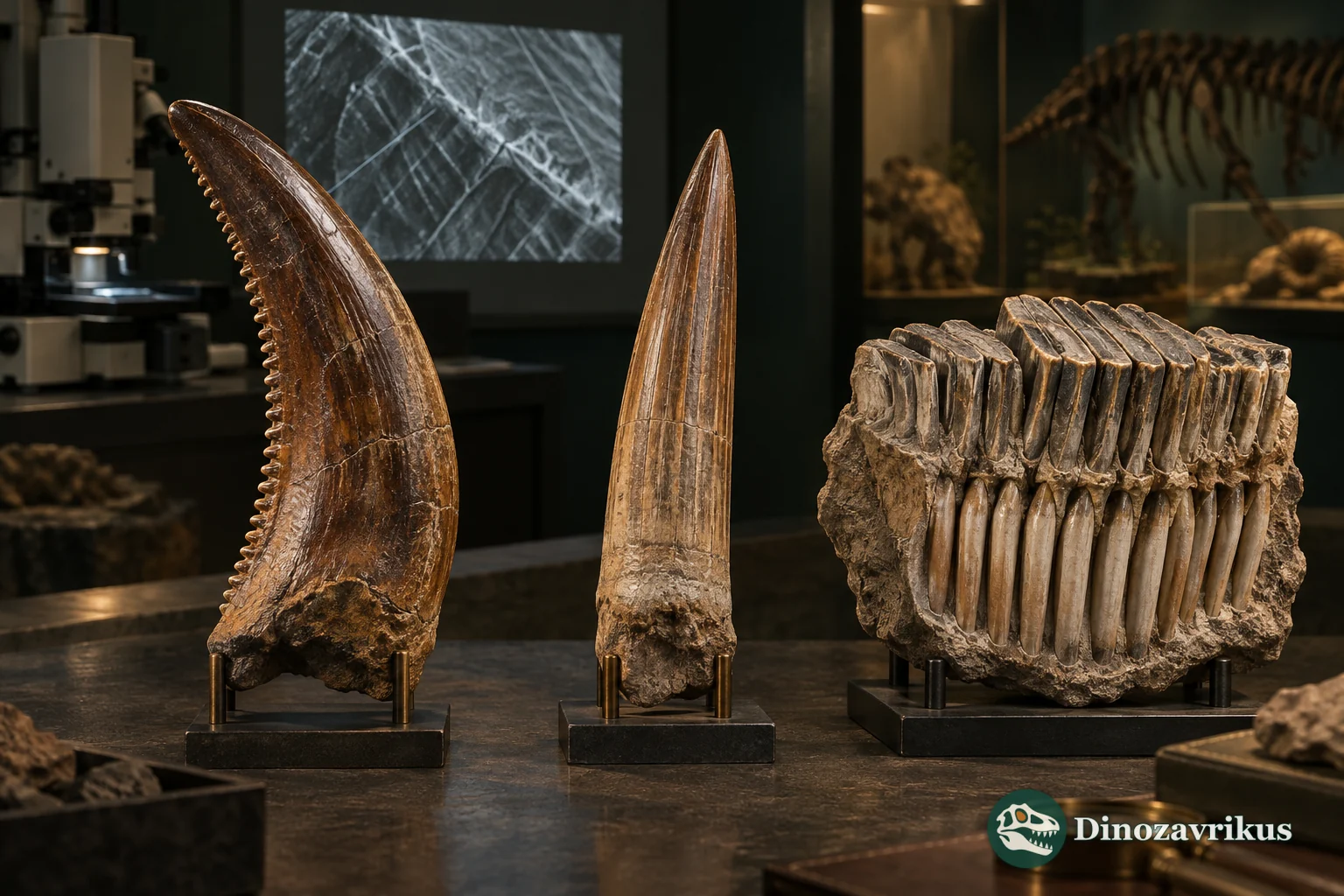 Serrated, conical and battery-forming dinosaur teeth compared in a museum laboratory