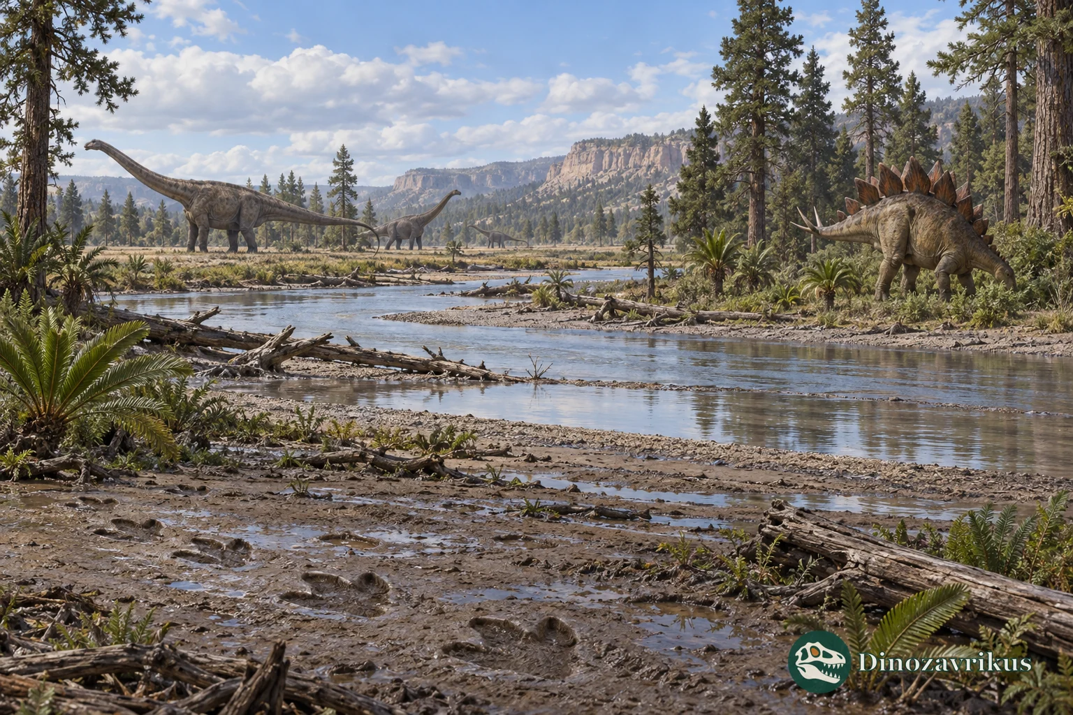 An artistic Late Jurassic landscape with sauropods, a stegosaur and trackways near a river