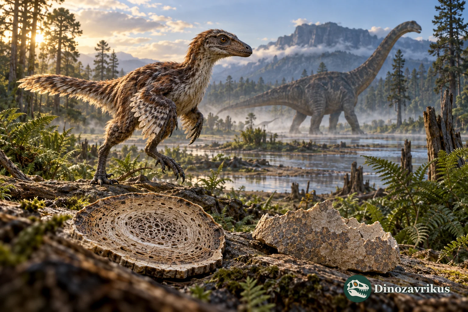 Dinosaurs of different sizes beside a bone section and a fossil eggshell sample