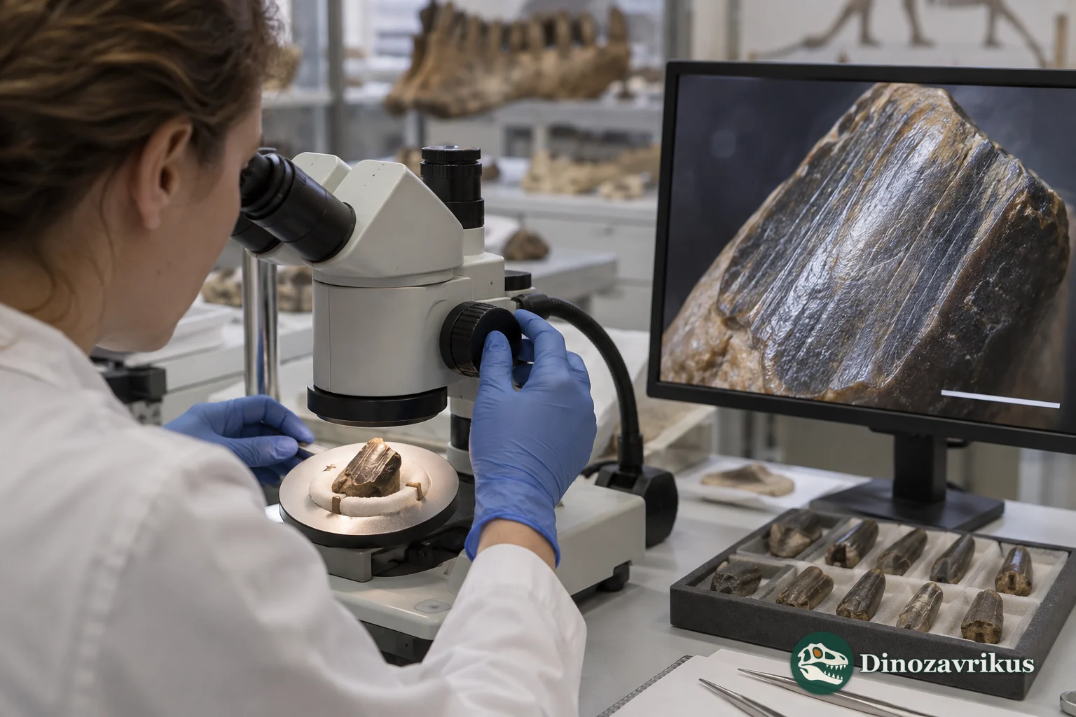 A palaeontologist examining subtle wear facets and scratches on a dinosaur tooth under a microscope