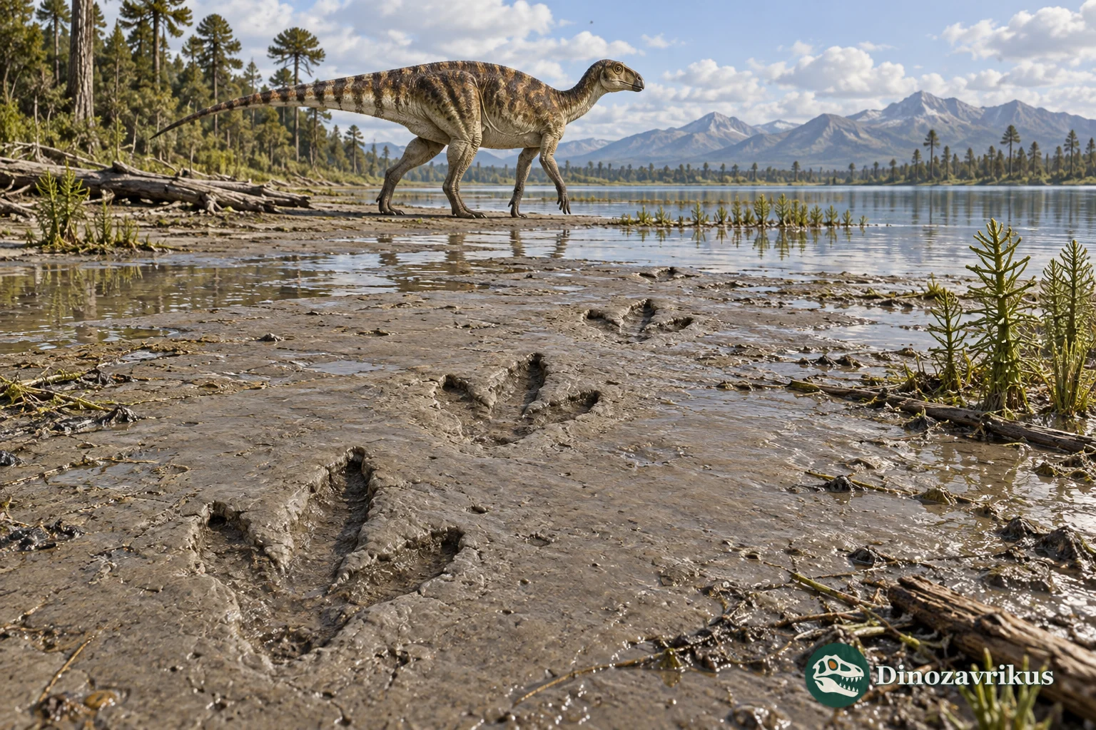 A line of three-toed dinosaur footprints crossing a muddy floodplain