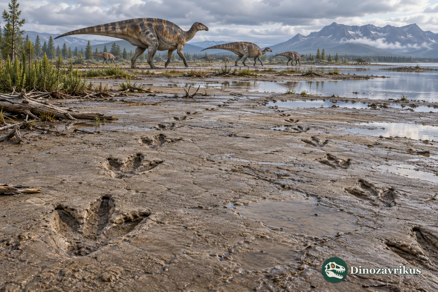 Three-toed dinosaur footprints preserved in wet sediment on a Jurassic floodplain