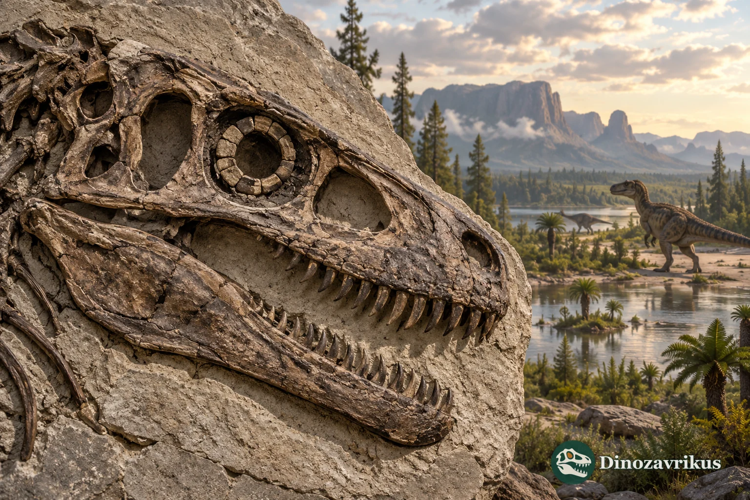 A fossil theropod skull with a visible scleral ring against a Mesozoic landscape