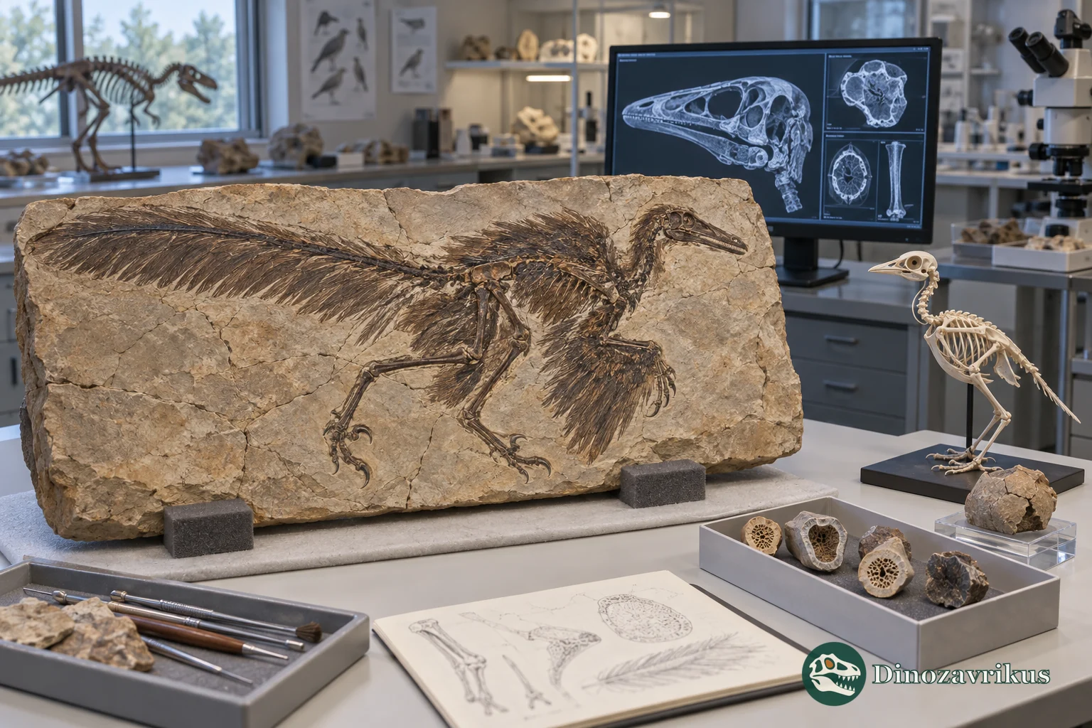 Feathered theropod fossil, bird skeleton and CT images arranged in a palaeontology research laboratory