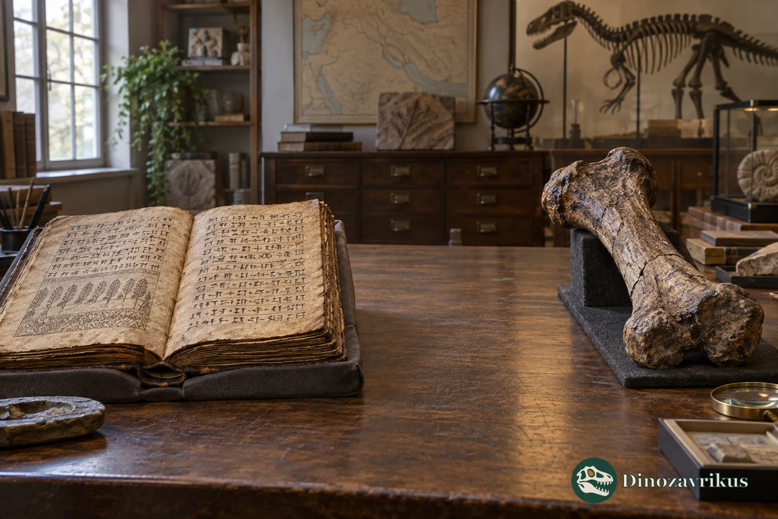 An ancient manuscript and a fossilised dinosaur bone displayed separately on a museum research table