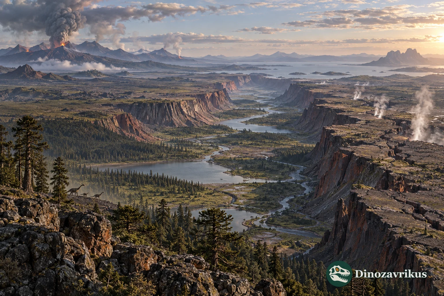 Mesozoic landscape showing Pangaea beginning to split along a volcanic rift
