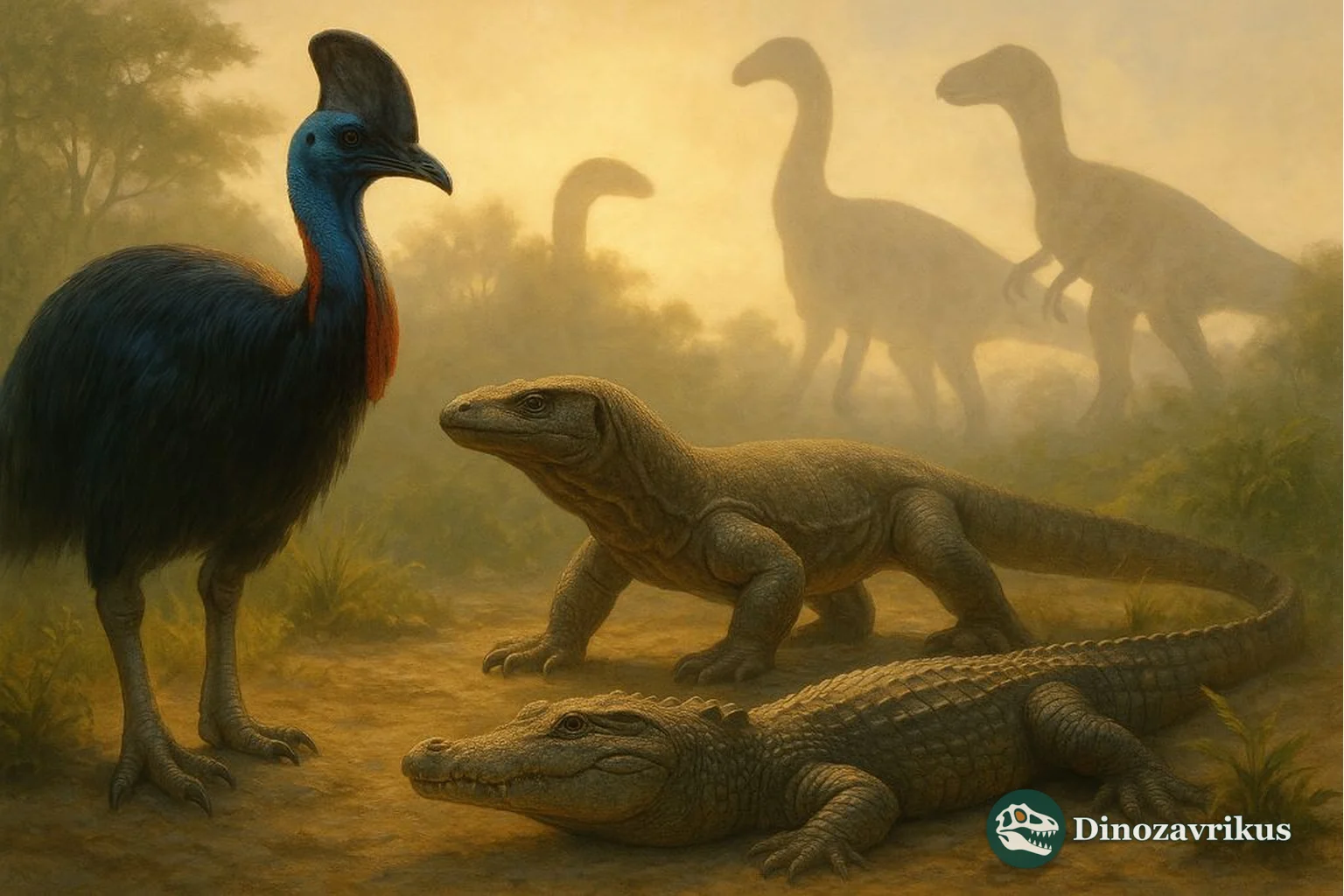 Illustrative cassowary, crocodilian and small Mesozoic reptile in a forest setting